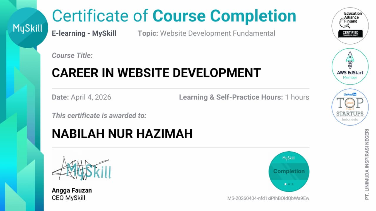 Certificate of Course Career in Website Development Completion